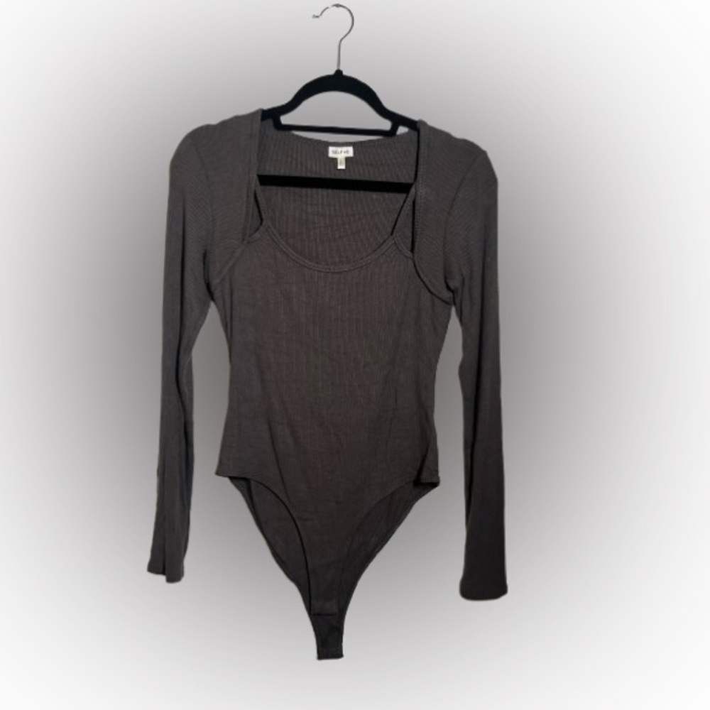 Free People Dark Gray Long Sleeve Bodysuit